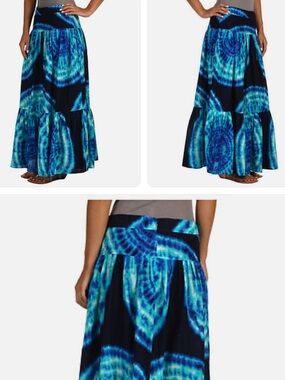 JONES NEW YORK Retro Boho Cottage Blue Tie dye Tiered Pleated Peasant Maxi Skirt